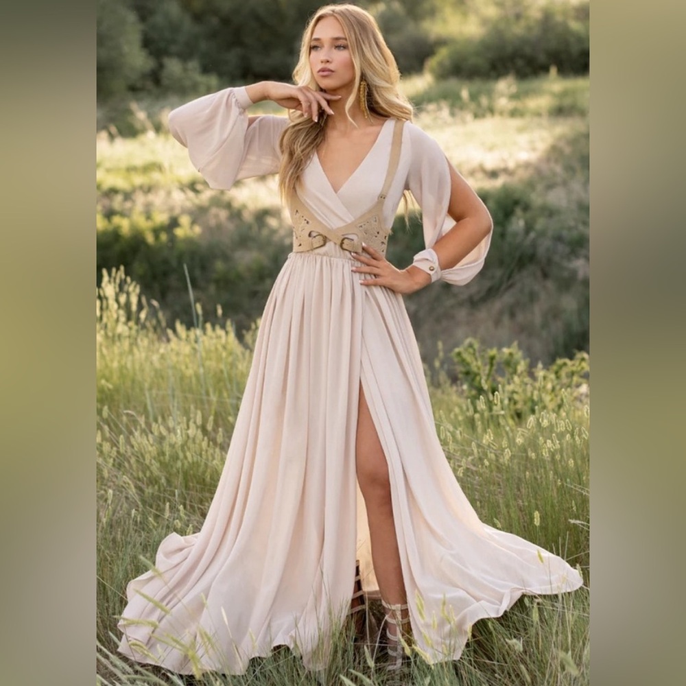 Joyfolie Cream Flowing Boho Dress with Belt